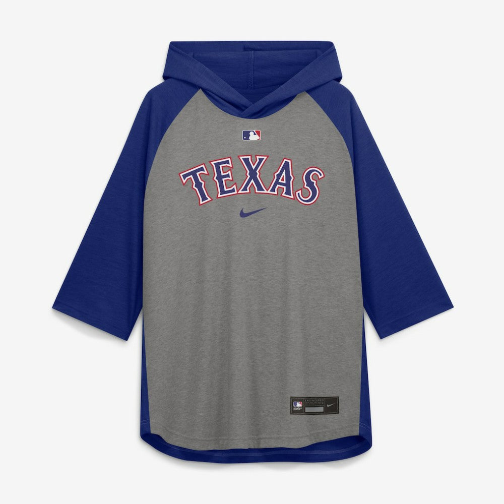 Texas Rangers Authentic Collection Flux Dri-FIT Raglan 3/4-Sleeve Hooded T-Shirt - Gray | Nike