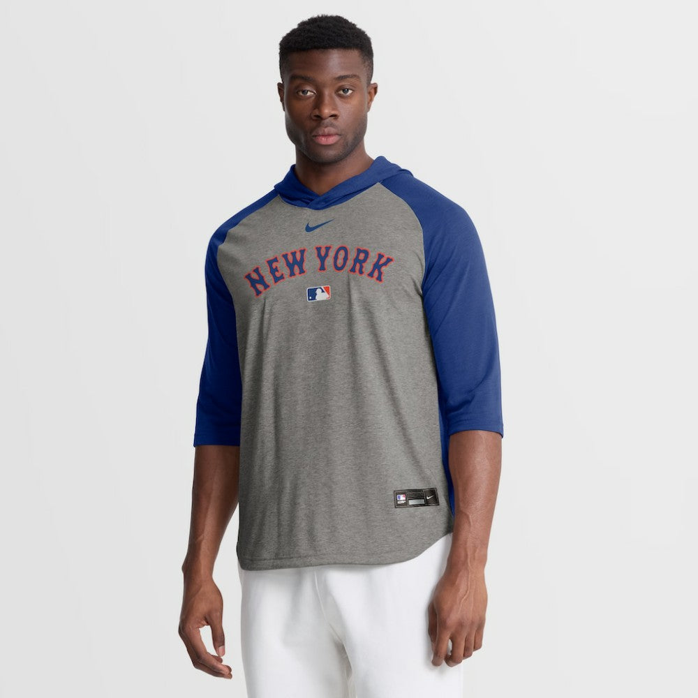 New York Mets Authentic Collection Flux Dri-FIT Raglan 3/4-Sleeve Hooded T-Shirt - Gray | Nike