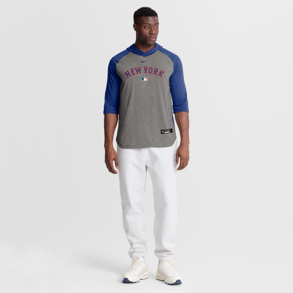 New York Mets Authentic Collection Flux Dri-FIT Raglan 3/4-Sleeve Hooded T-Shirt - Gray | Nike