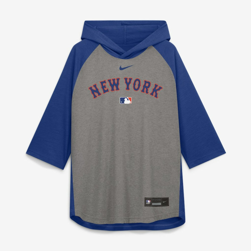 New York Mets Authentic Collection Flux Dri-FIT Raglan 3/4-Sleeve Hooded T-Shirt - Gray | Nike
