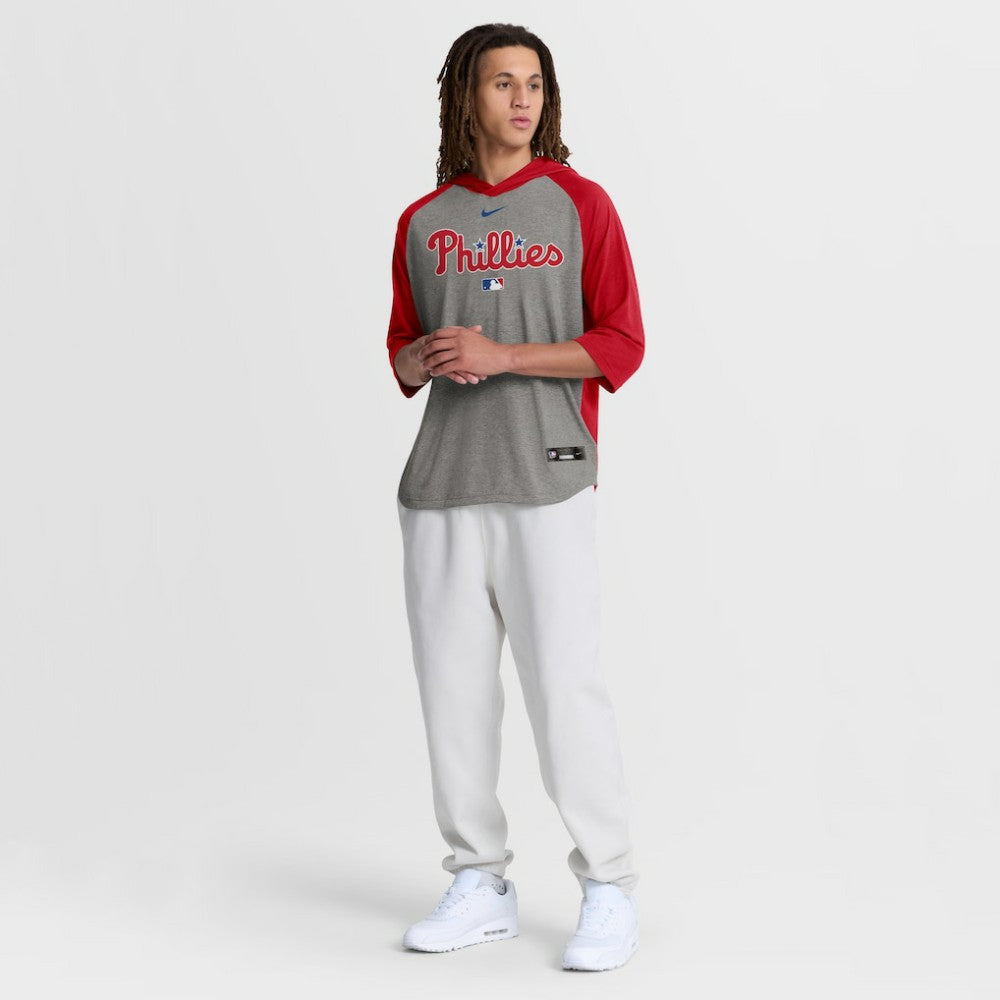 Philadelphia Phillies Authentic Collection Flux Dri-FIT Raglan 3/4-Sleeve Hooded T-Shirt - Gray | Nike