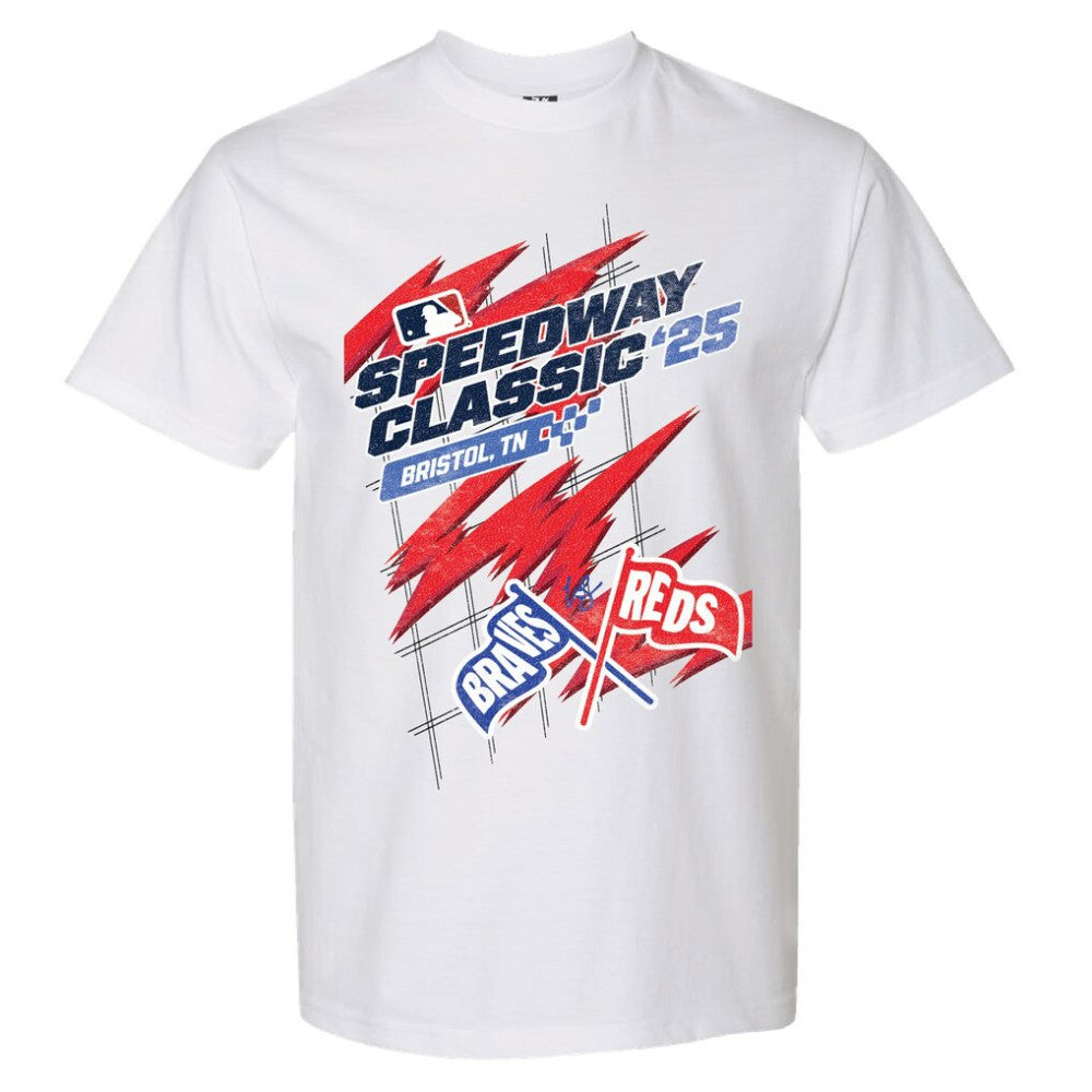 Cincinnati Reds vs. Atlanta Braves The Wild Collective Women's 2025 Speedway Classic Flags T-Shirt - White