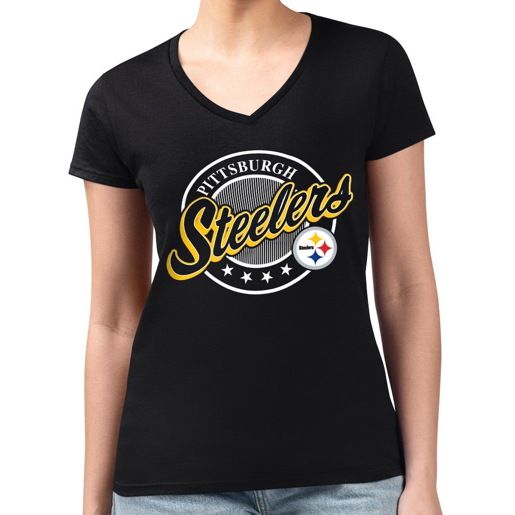 Pittsburgh Steelers G-III 4Her by Carl Banks Women's Super-Slim Fit Lightweight Pinstripe Circle V-Neck T-Shirt - Black on sale