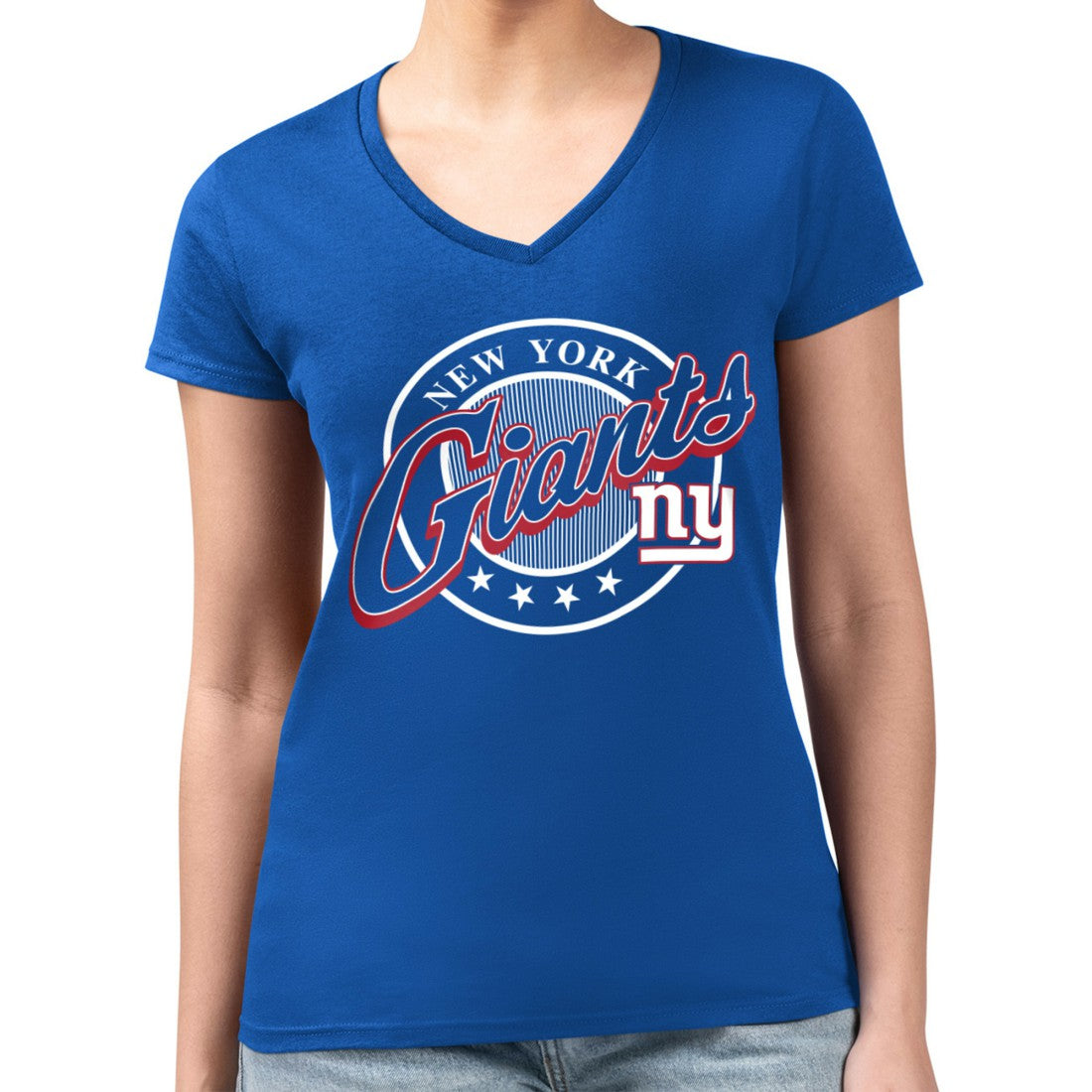 New York Giants G-III 4Her by Carl Banks Women's Super-Slim Fit Lightweight Pinstripe Circle V-Neck T-Shirt - Royal online