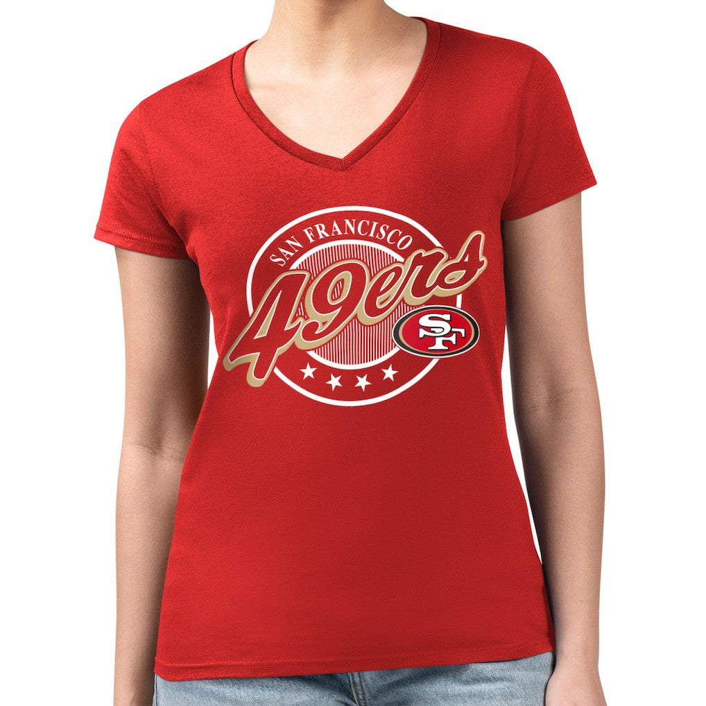 San Francisco 49ers G-III 4Her by Carl Banks Women's Super-Slim Fit Lightweight Pinstripe Circle V-Neck T-Shirt - Scarlet for sale