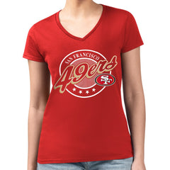 San Francisco 49ers G-III 4Her by Carl Banks Women's Super-Slim Fit Lightweight Pinstripe Circle V-Neck T-Shirt - Scarlet for sale