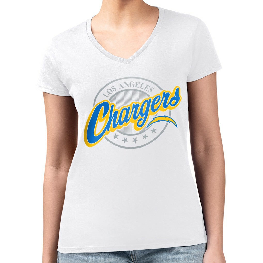 Los Angeles Chargers G-III 4Her by Carl Banks Women's Super-Slim Fit Lightweight Pinstripe Circle V-Neck T-Shirt - White for sale