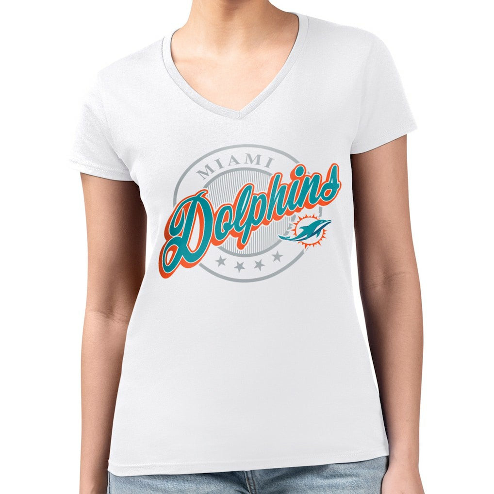 Miami Dolphins G-III 4Her by Carl Banks Women's Super-Slim Fit Lightweight Pinstripe Circle V-Neck T-Shirt - White sale