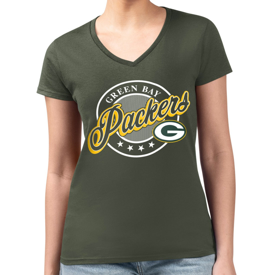 Green Bay Packers G-III 4Her by Carl Banks Women's Super-Slim Fit Lightweight Pinstripe Circle V-Neck T-Shirt - Green for sale