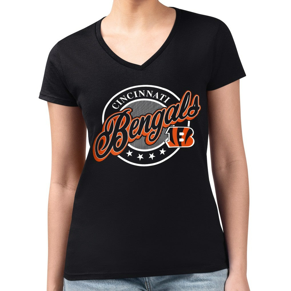 Cincinnati Bengals G-III 4Her by Carl Banks Women's Super-Slim Fit Lightweight Pinstripe Circle V-Neck T-Shirt - Black outlet