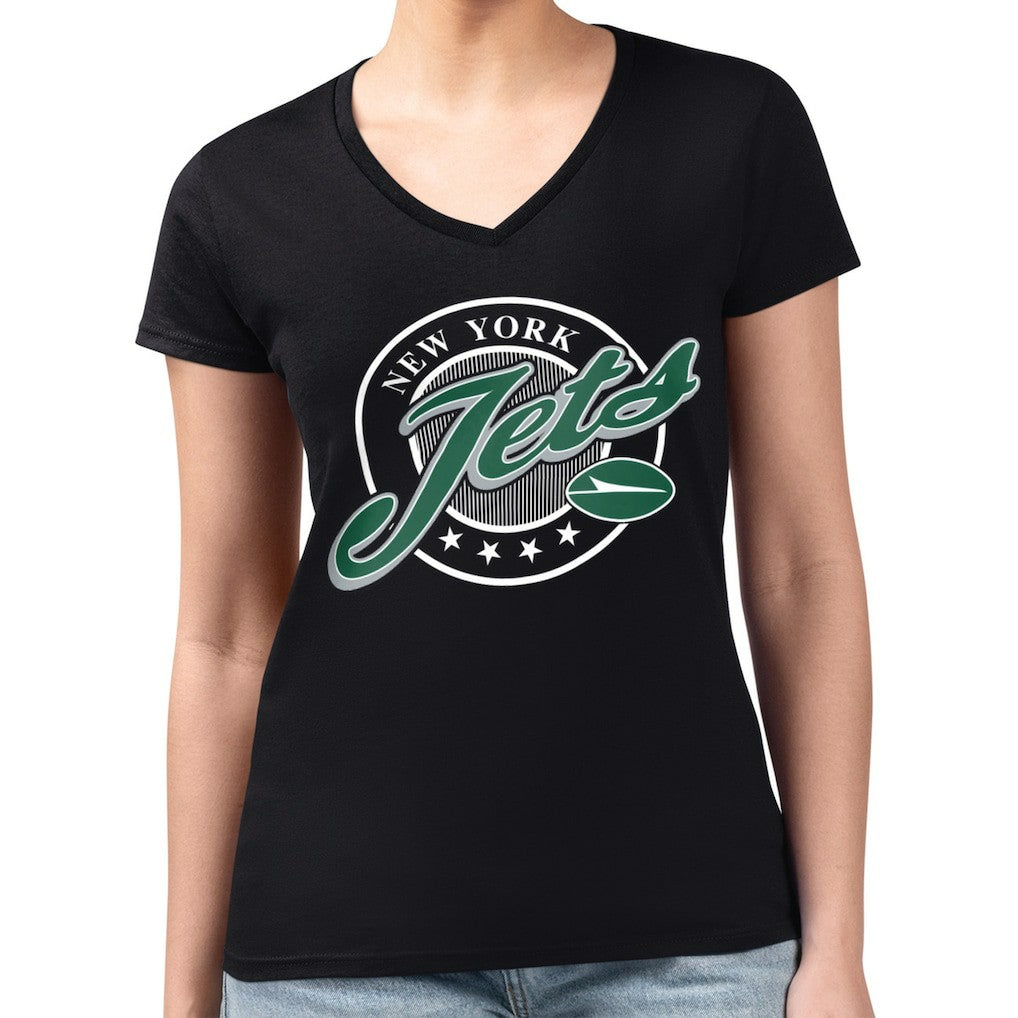 New York Jets G-III 4Her by Carl Banks Women's Super-Slim Fit Lightweight Pinstripe Circle V-Neck T-Shirt - Black for sale