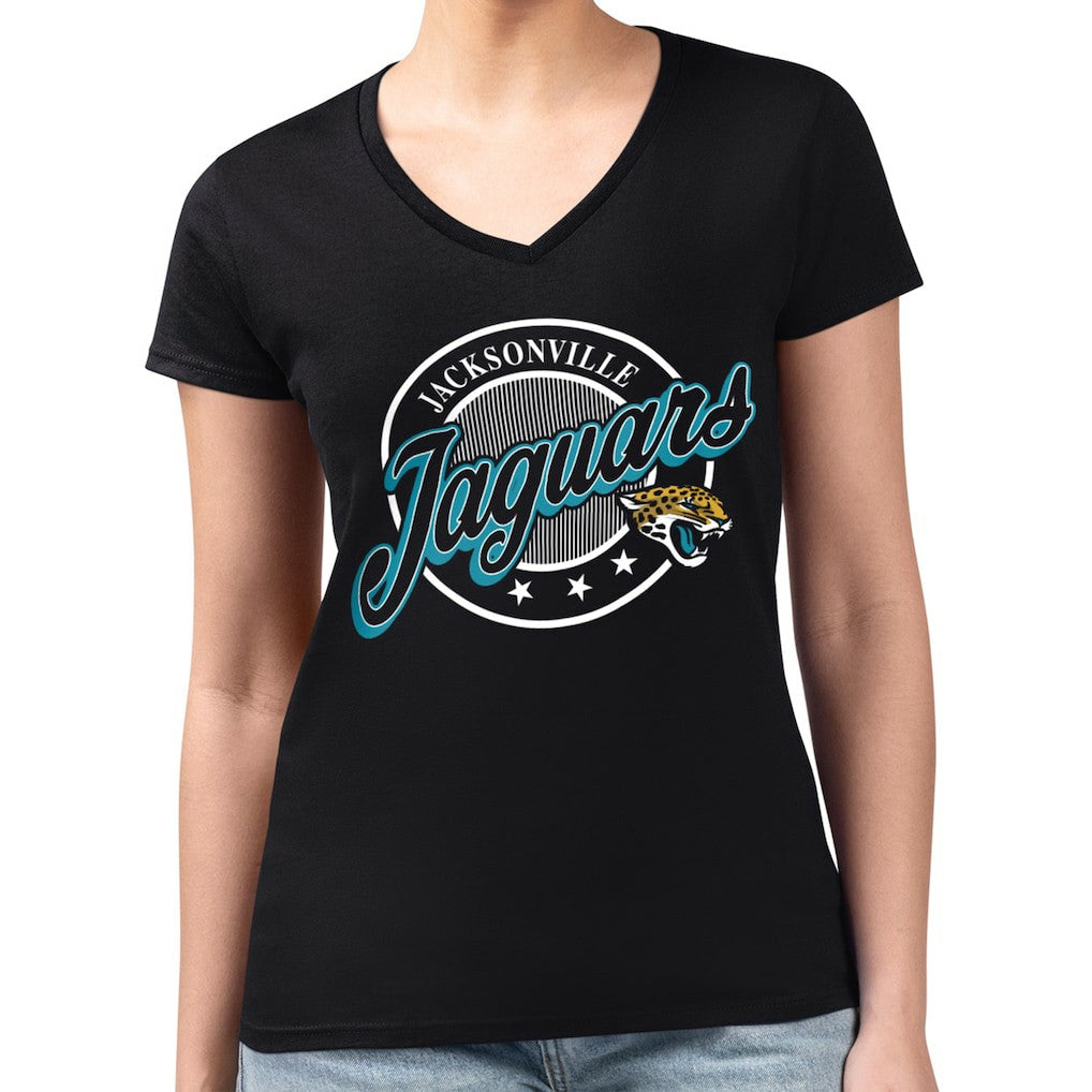 Jacksonville Jaguars G-III 4Her by Carl Banks Women's Super-Slim Fit Lightweight Pinstripe Circle V-Neck T-Shirt - Black for sale