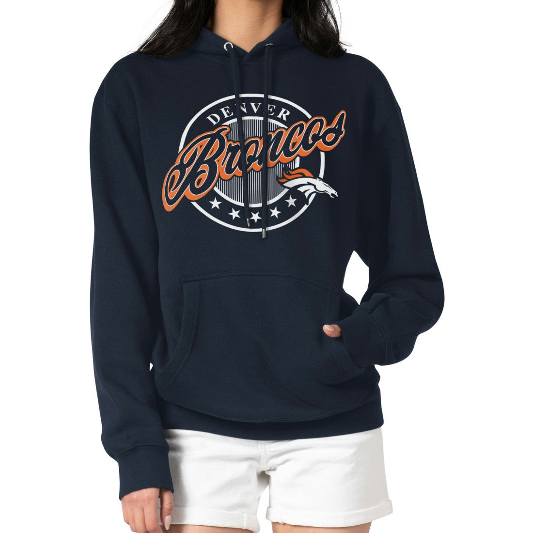 Denver Broncos G-III 4Her by Carl Banks Women's Pinstripe Circle Fleece Pullover Hoodie - Navy for sale