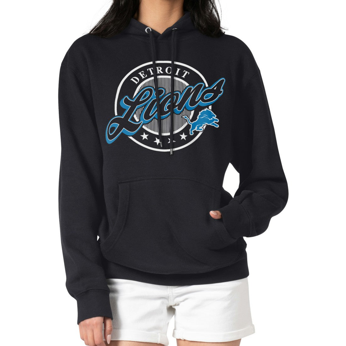 Detroit Lions G-III 4Her by Carl Banks Women's Pinstripe Circle Fleece Pullover Hoodie - Black on sale