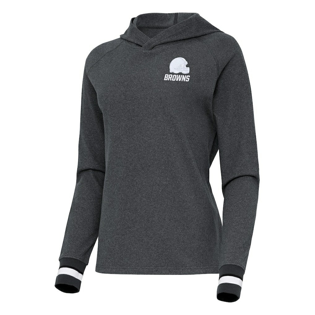 Cleveland Browns Antigua Women's Trek Raglan Pullover Hoodie - Heather Charcoal discount