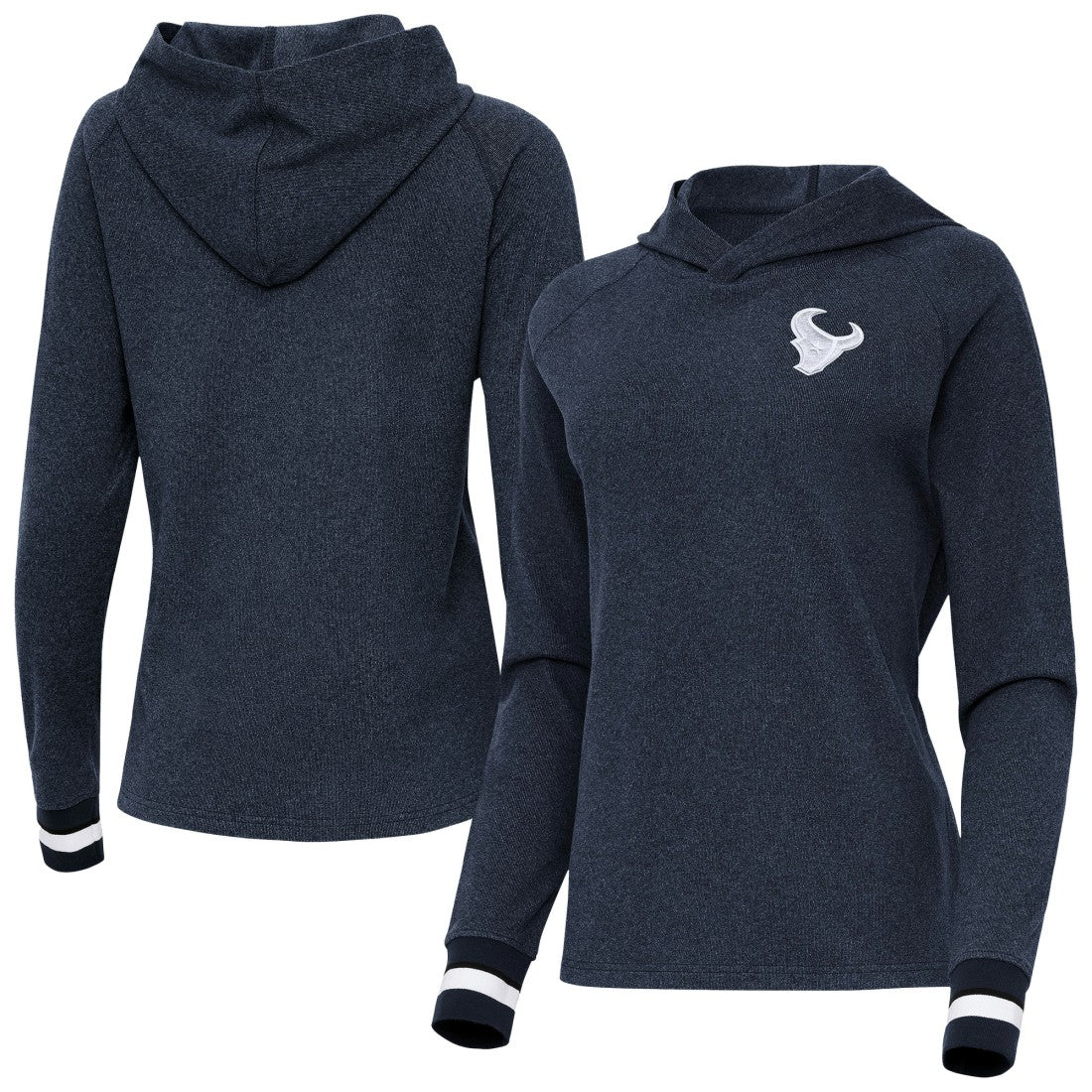 Houston Texans Antigua Women's Trek Raglan Pullover Hoodie - Heather Navy for sale