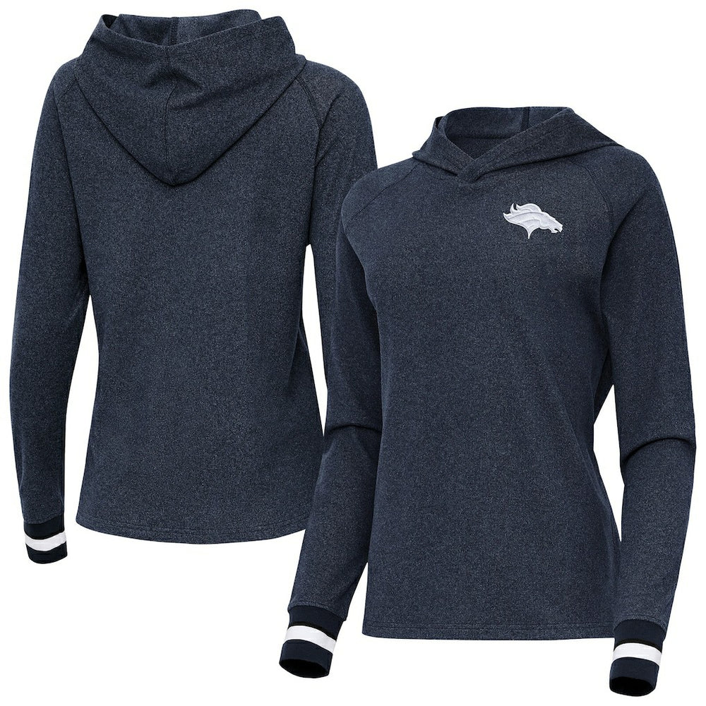 Denver Broncos Antigua Women's Trek Raglan Pullover Hoodie - Heather Navy for sale
