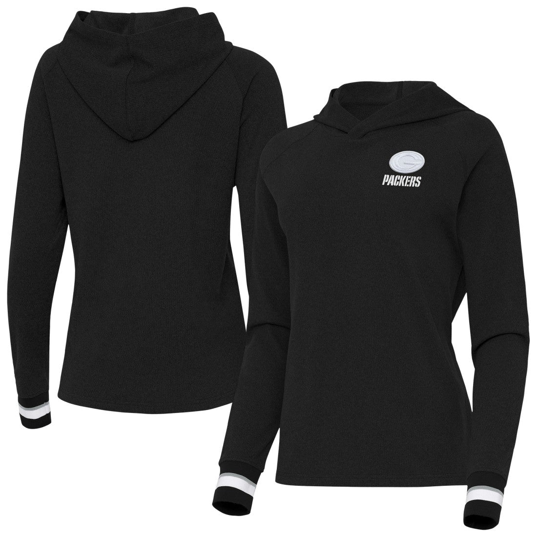Green Bay Packers Antigua Women's Trek Raglan Pullover Hoodie - Black on sale