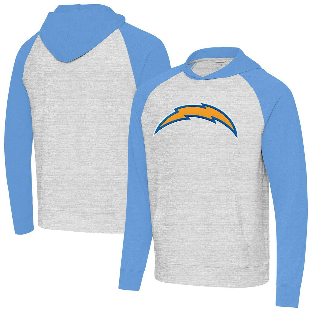 Los Angeles Chargers Antigua Urgent Raglan Pullover Hoodie - Heather Gray/Heather Powder Blue outlet