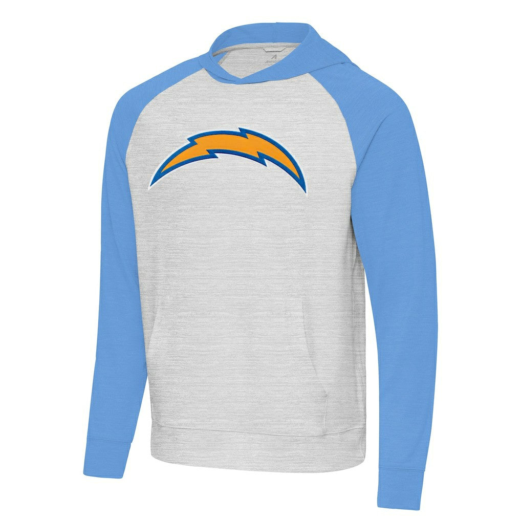 Los Angeles Chargers Antigua Urgent Raglan Pullover Hoodie - Heather Gray/Heather Powder Blue outlet
