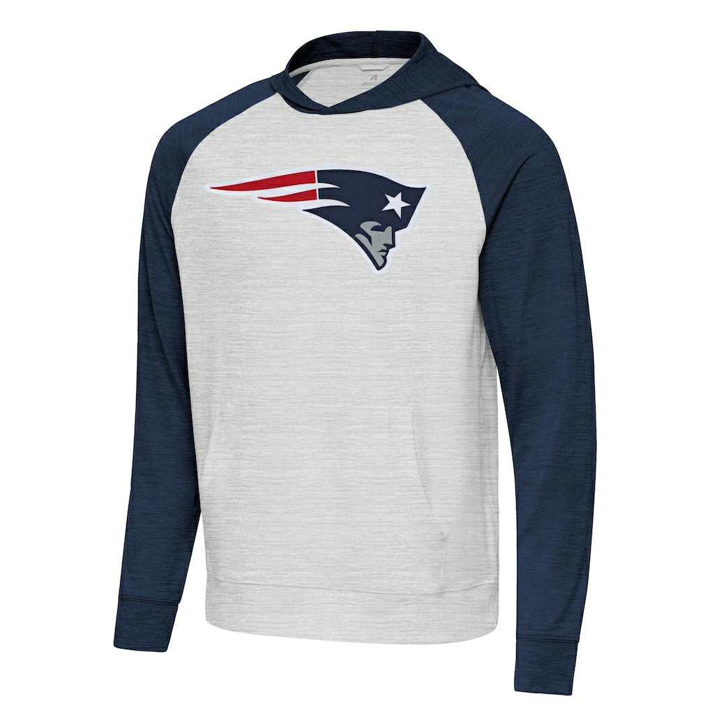 New England Patriots Antigua Urgent Raglan Pullover Hoodie - Heather Gray/Heather Navy for sale