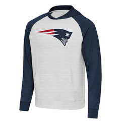 New England Patriots Antigua Urgent Raglan Pullover Hoodie - Heather Gray/Heather Navy for sale