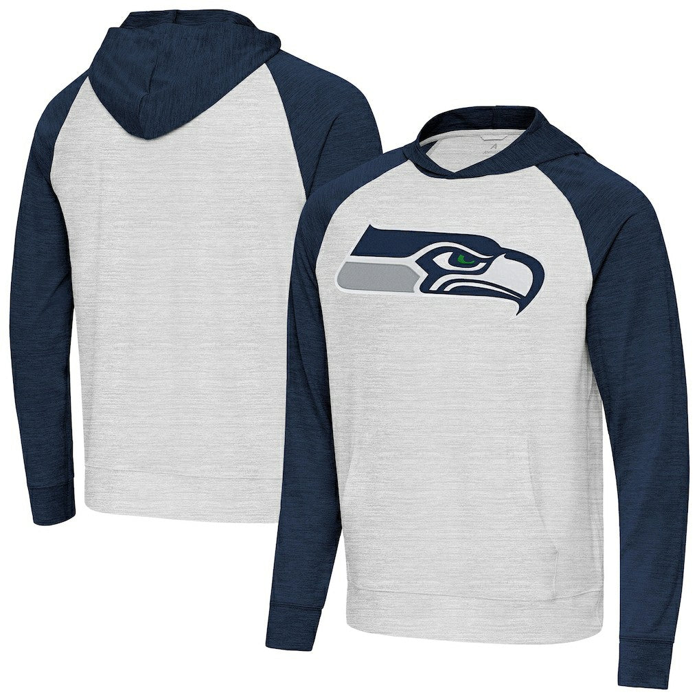 Seattle Seahawks Antigua Urgent Raglan Pullover Hoodie - Heather Gray/Heather College Navy sale