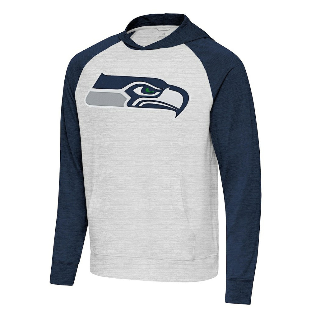Seattle Seahawks Antigua Urgent Raglan Pullover Hoodie - Heather Gray/Heather College Navy sale