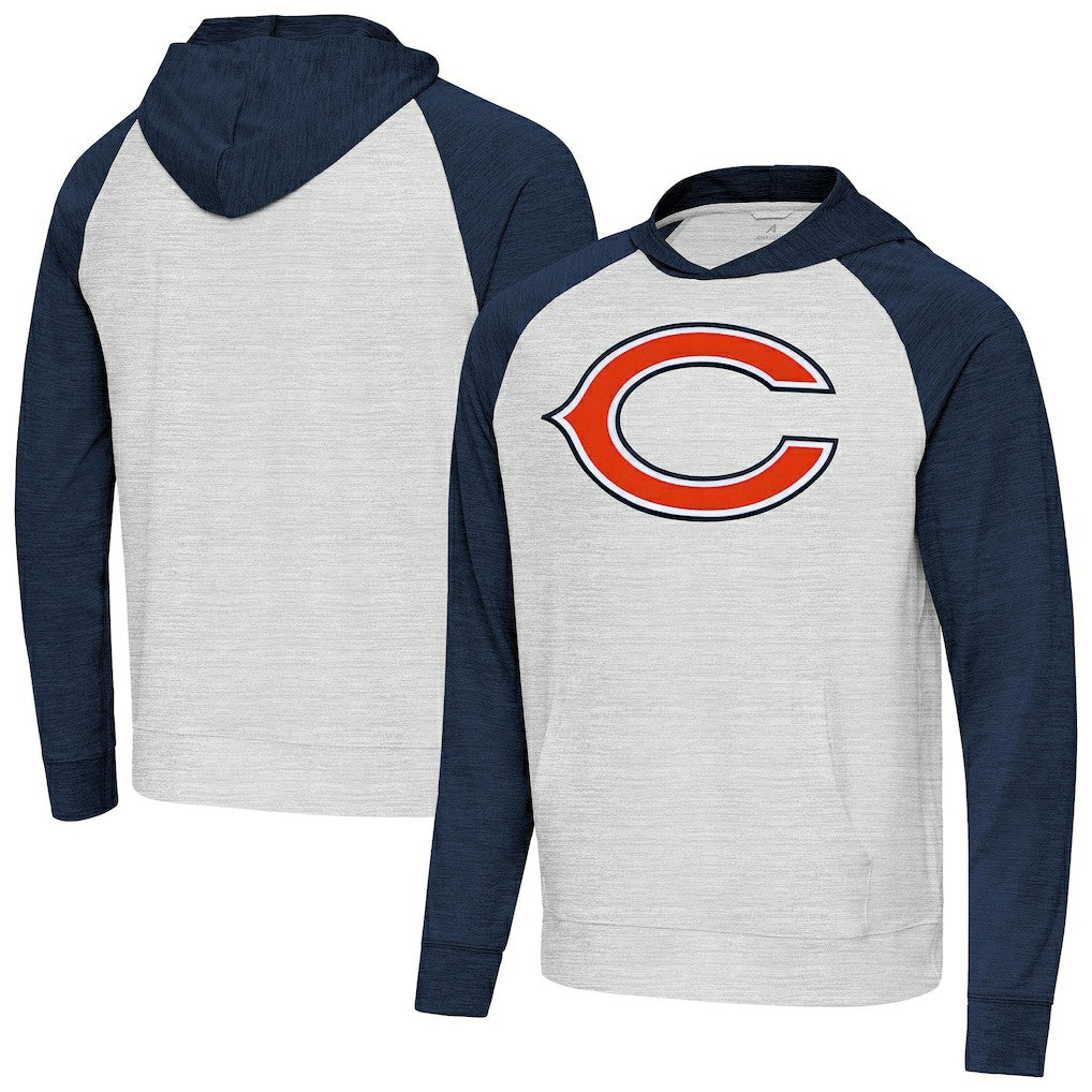 Chicago Bears Antigua Urgent Raglan Pullover Hoodie - Heather Gray/Heather Navy outlet