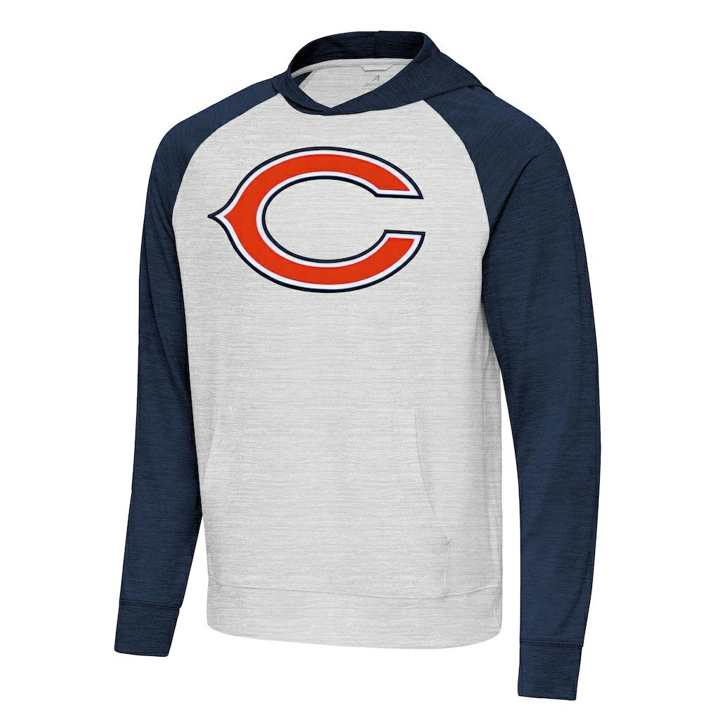 Chicago Bears Antigua Urgent Raglan Pullover Hoodie - Heather Gray/Heather Navy outlet