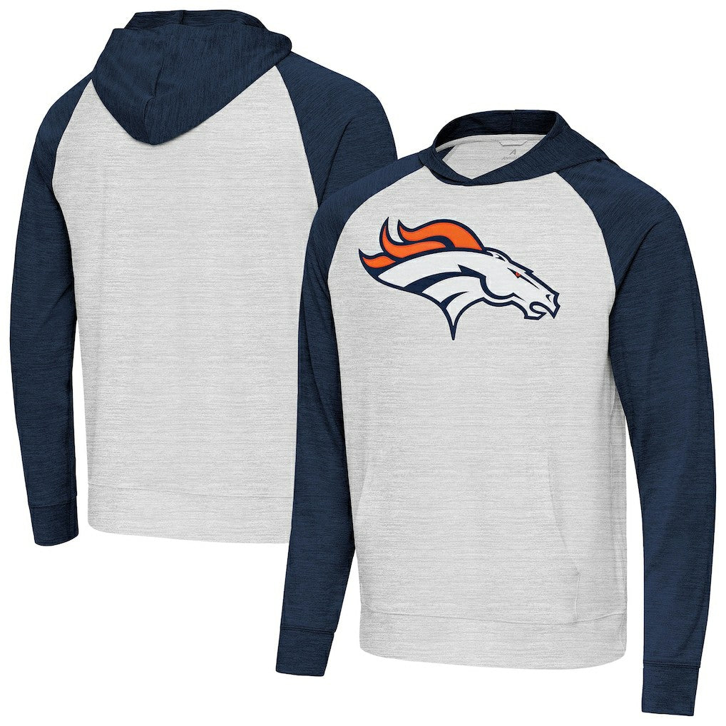 Denver Broncos Antigua Urgent Raglan Pullover Hoodie - Heather Gray/Heather Navy sale