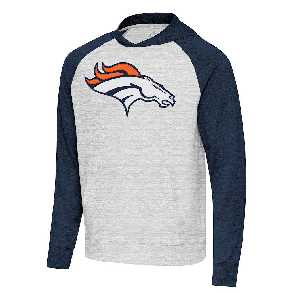 Denver Broncos Antigua Urgent Raglan Pullover Hoodie - Heather Gray/Heather Navy sale