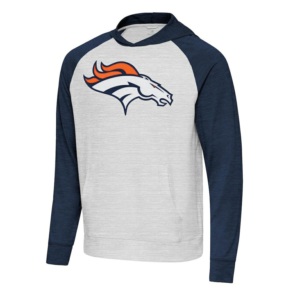 Denver Broncos Antigua Urgent Raglan Pullover Hoodie - Heather Gray/Heather Navy sale