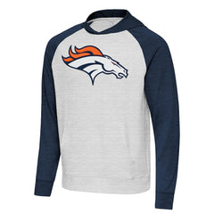Denver Broncos Antigua Urgent Raglan Pullover Hoodie - Heather Gray/Heather Navy sale