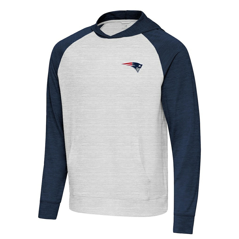 New England Patriots Antigua Urgent Pullover Hoodie - Heather Navy/Gray for sale
