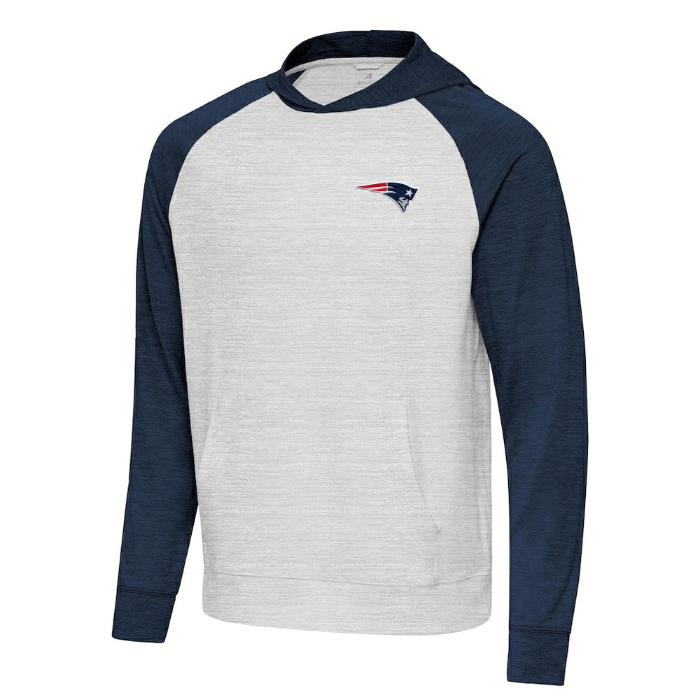 New England Patriots Antigua Urgent Pullover Hoodie - Heather Navy/Gray for sale