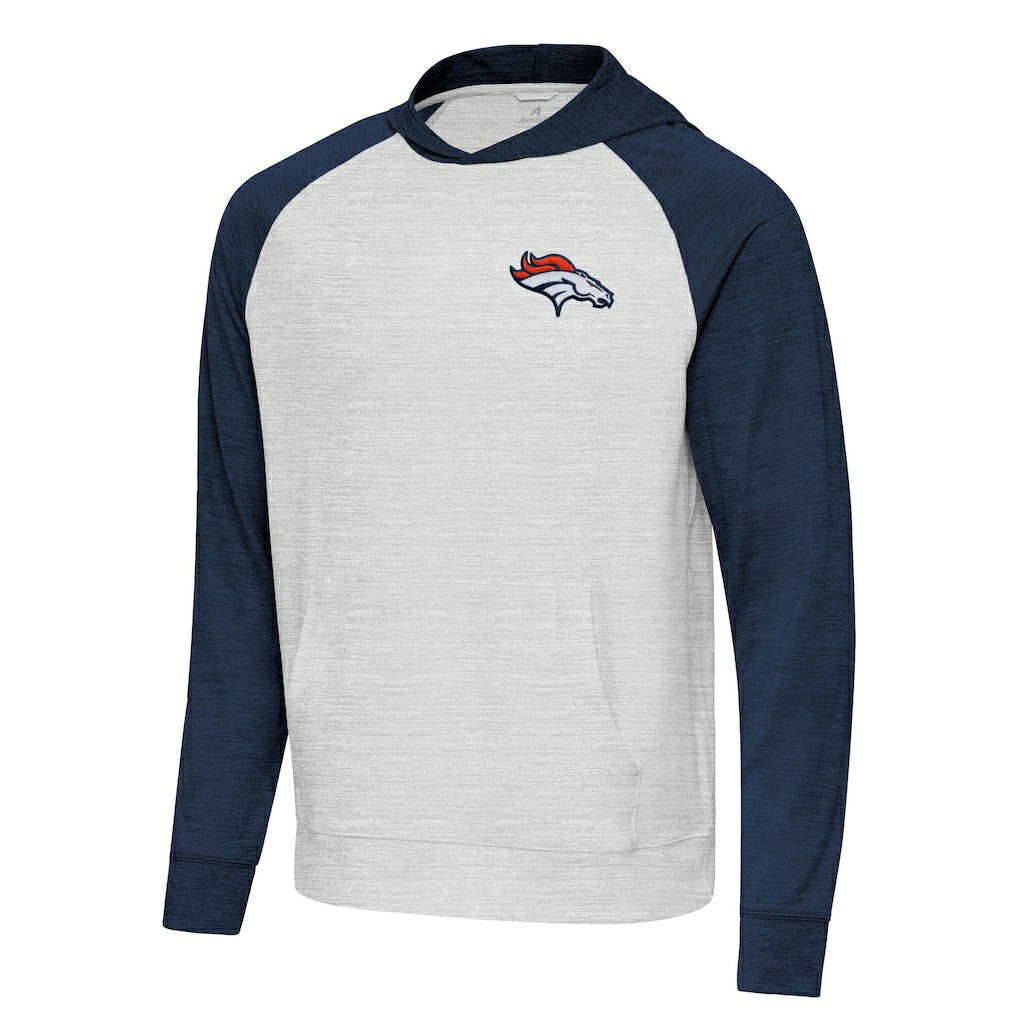 Denver Broncos Antigua Urgent Pullover Hoodie - Heather Navy/Gray for sale