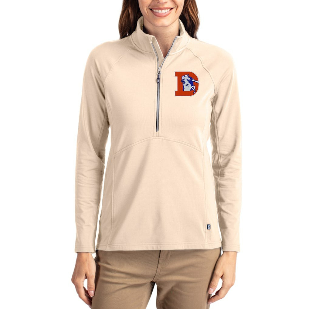 Denver Broncos Cutter & Buck Women's Throwback Adapt Eco Knit Stretch Recycled Raglan Half-Zip Pullover - Tan cheap