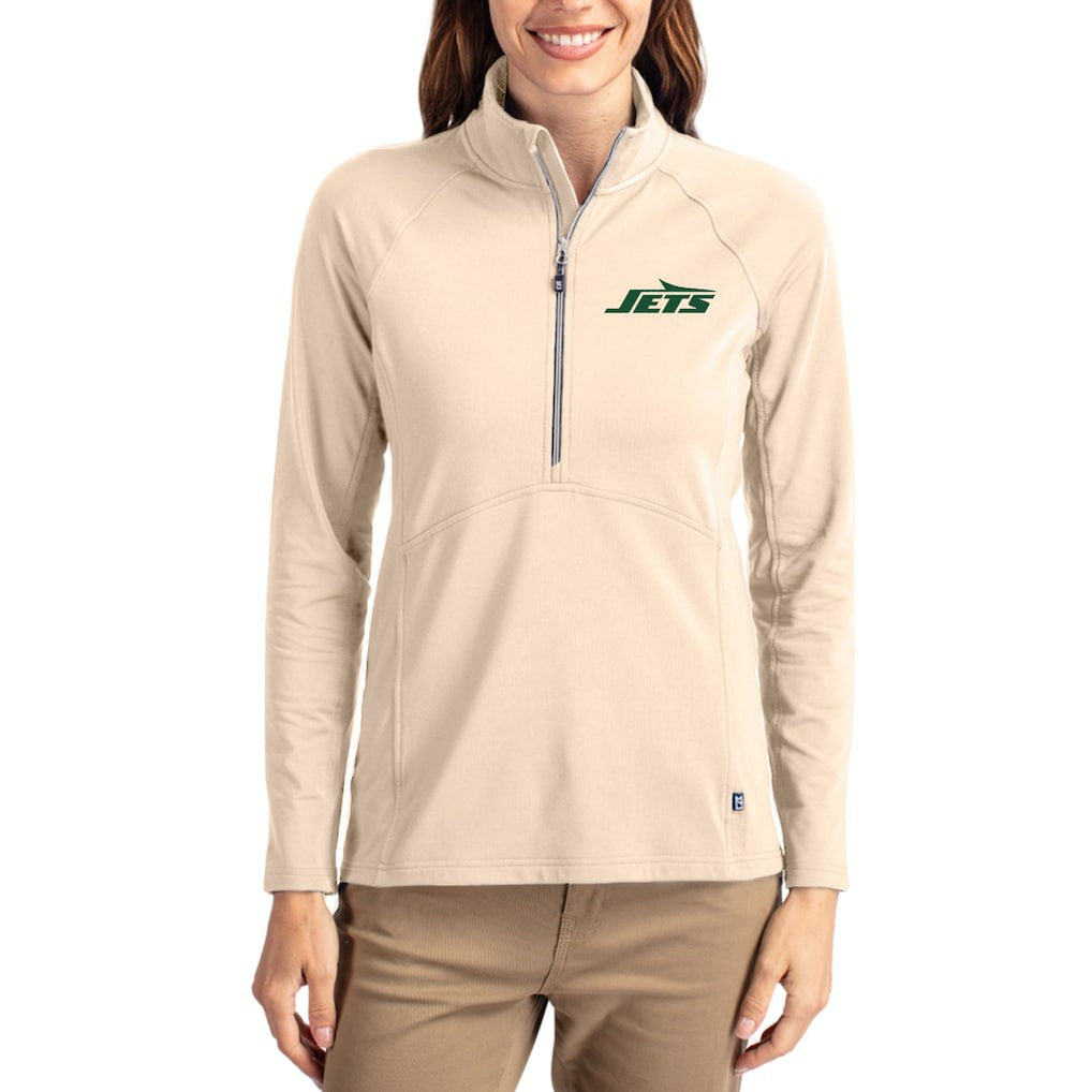 New York Jets Cutter & Buck Women's Adapt Eco Knit Stretch Recycled Raglan Half-Zip Pullover - Tan cheap