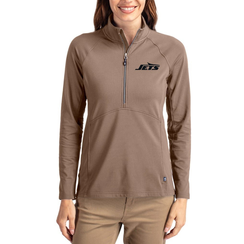 New York Jets Cutter & Buck Women's Tonal Adapt Eco Knit Stretch Recycled Raglan Half-Zip Pullover - Brown for sale