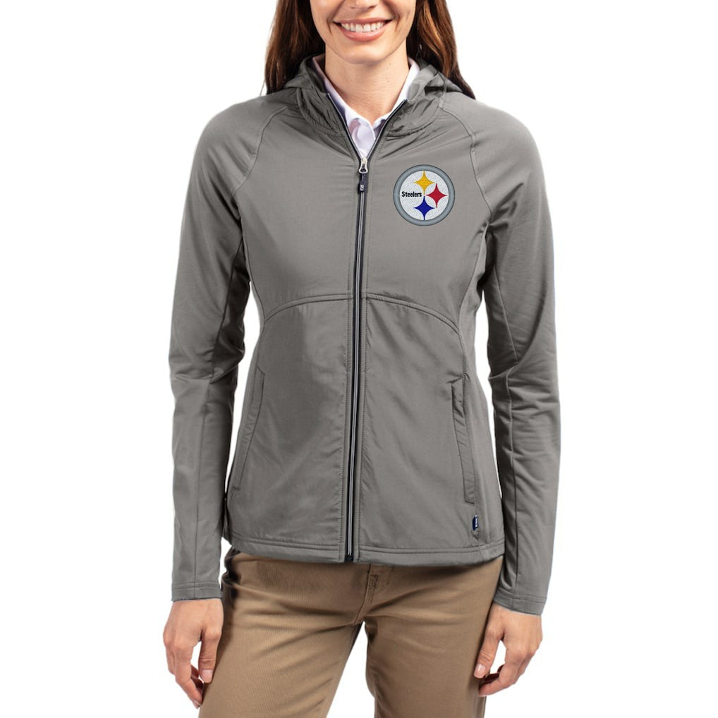 Pittsburgh Steelers Cutter & Buck Women's Adapt Eco Knit Hybrid Recycled Raglan Full-Zip Hoodie Jacket - Gray on sale
