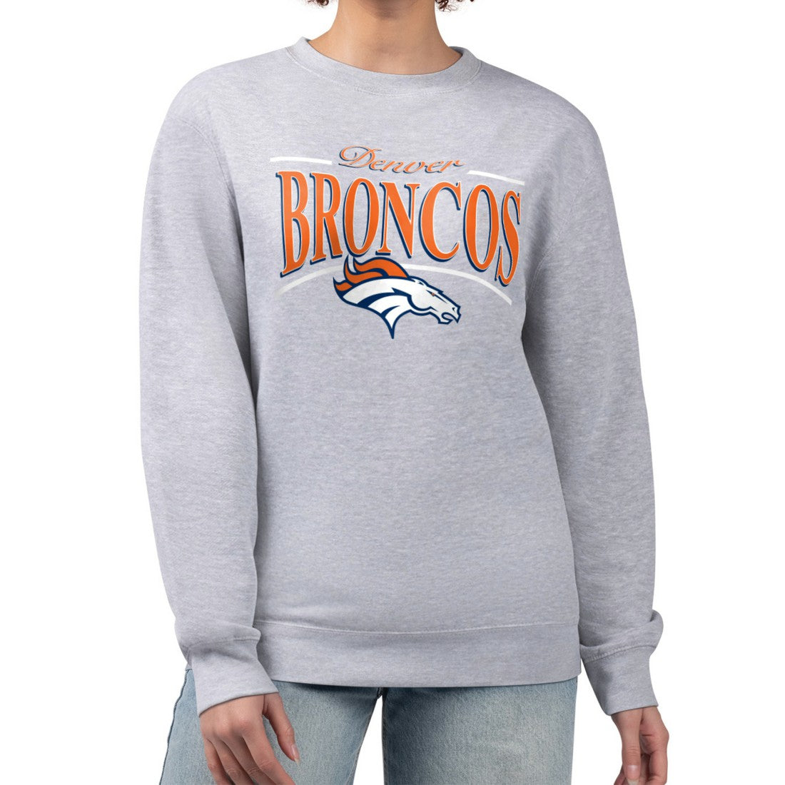 Denver Broncos Starter Women's Arch Stripe Fleece Pullover Sweatshirt - Gray for sale