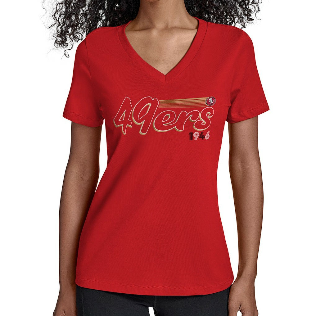 San Francisco 49ers Starter Women's Groovy Script V-Neck T-Shirt - Scarlet on sale