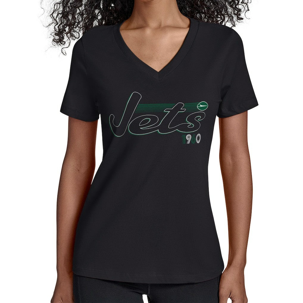 New York Jets Starter Women's Groovy Script V-Neck T-Shirt - Black sale