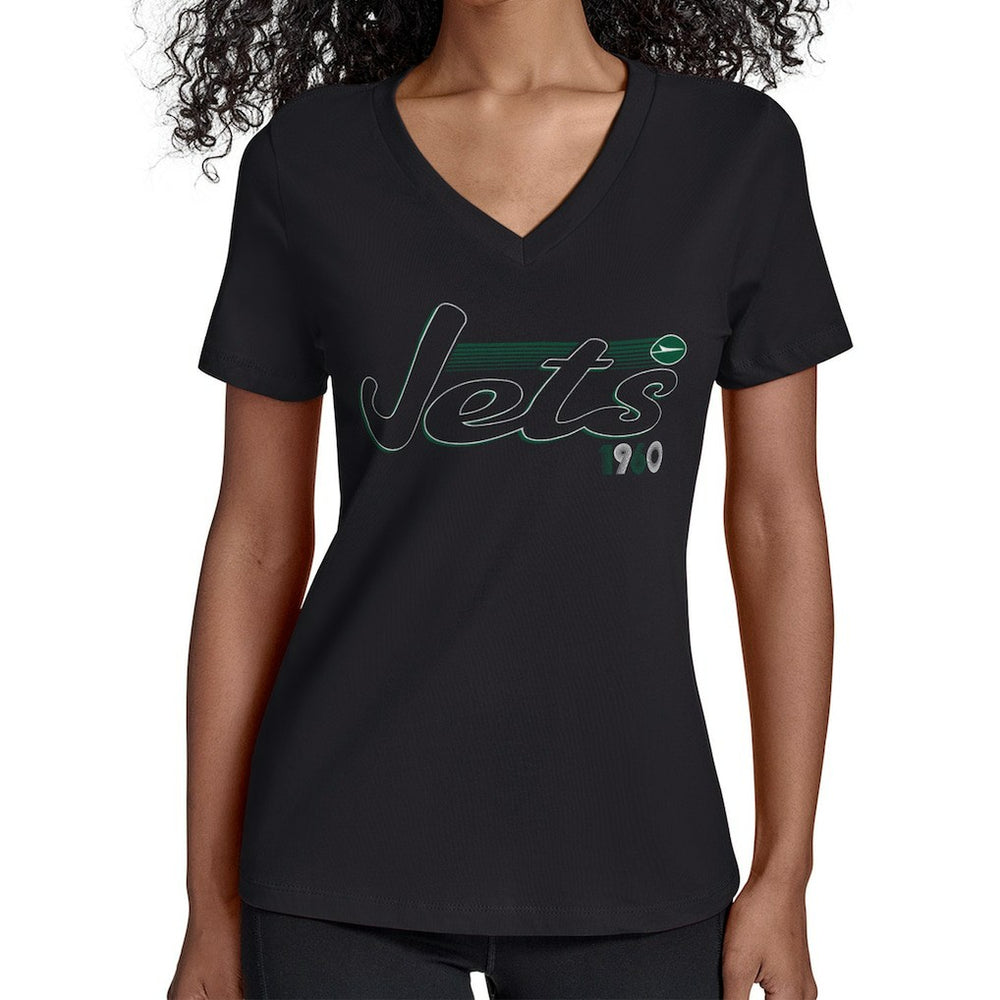 New York Jets Starter Women's Groovy Script V-Neck T-Shirt - Black sale