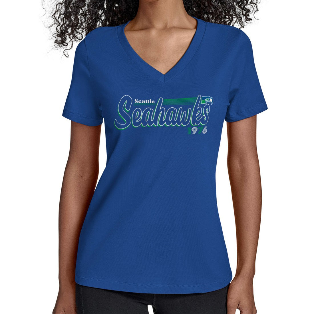 Seattle Seahawks Starter Women's Throwback Groovy Script V-Neck T-Shirt - Royal on sale