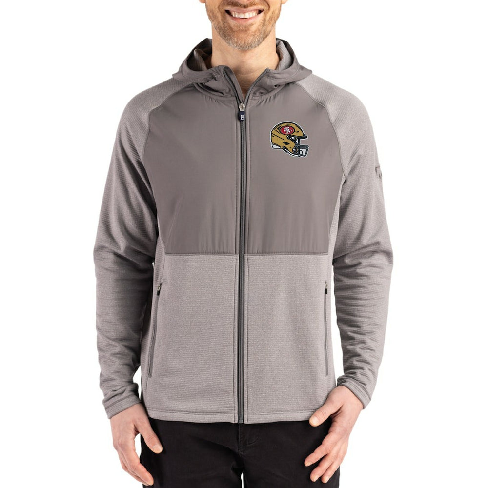 San Francisco 49ers Cutter & Buck Peshastin Eco Fleece Recycled Raglan Full-Zip Tri-Blend Hybrid Jacket - Heather Gray for sale