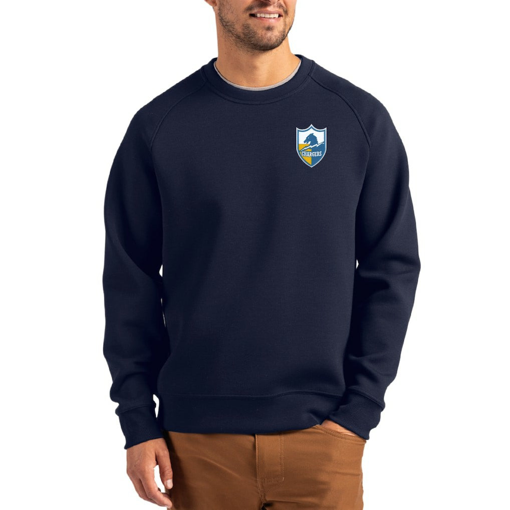 Los Angeles Chargers Cutter & Buck Throwback Roam Recycled Raglan Pullover Sweatshirt - Navy for sale