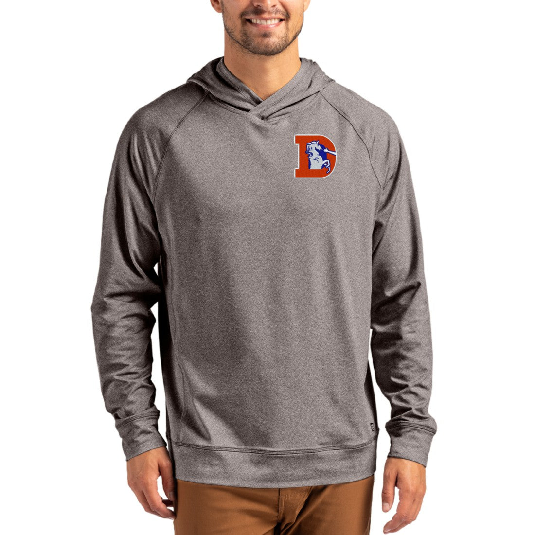 Denver Broncos Cutter & Buck Adapt Historic Knit Recycled Raglan Pullover Hoodie - Heather Gray for sale
