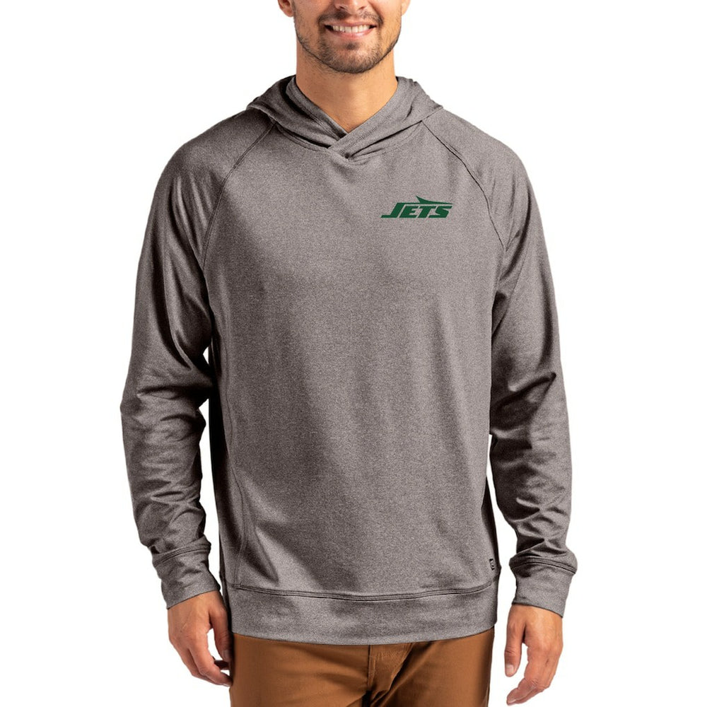 New York Jets Cutter & Buck Adapt Knit Recycled Raglan Pullover Hoodie - Heather Gray discount